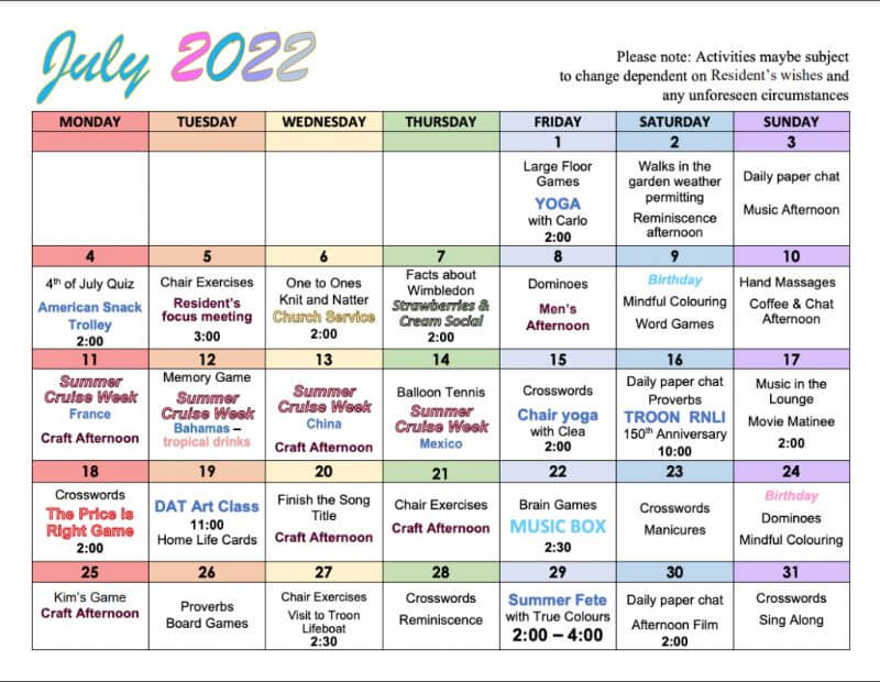 July Activities Schedule