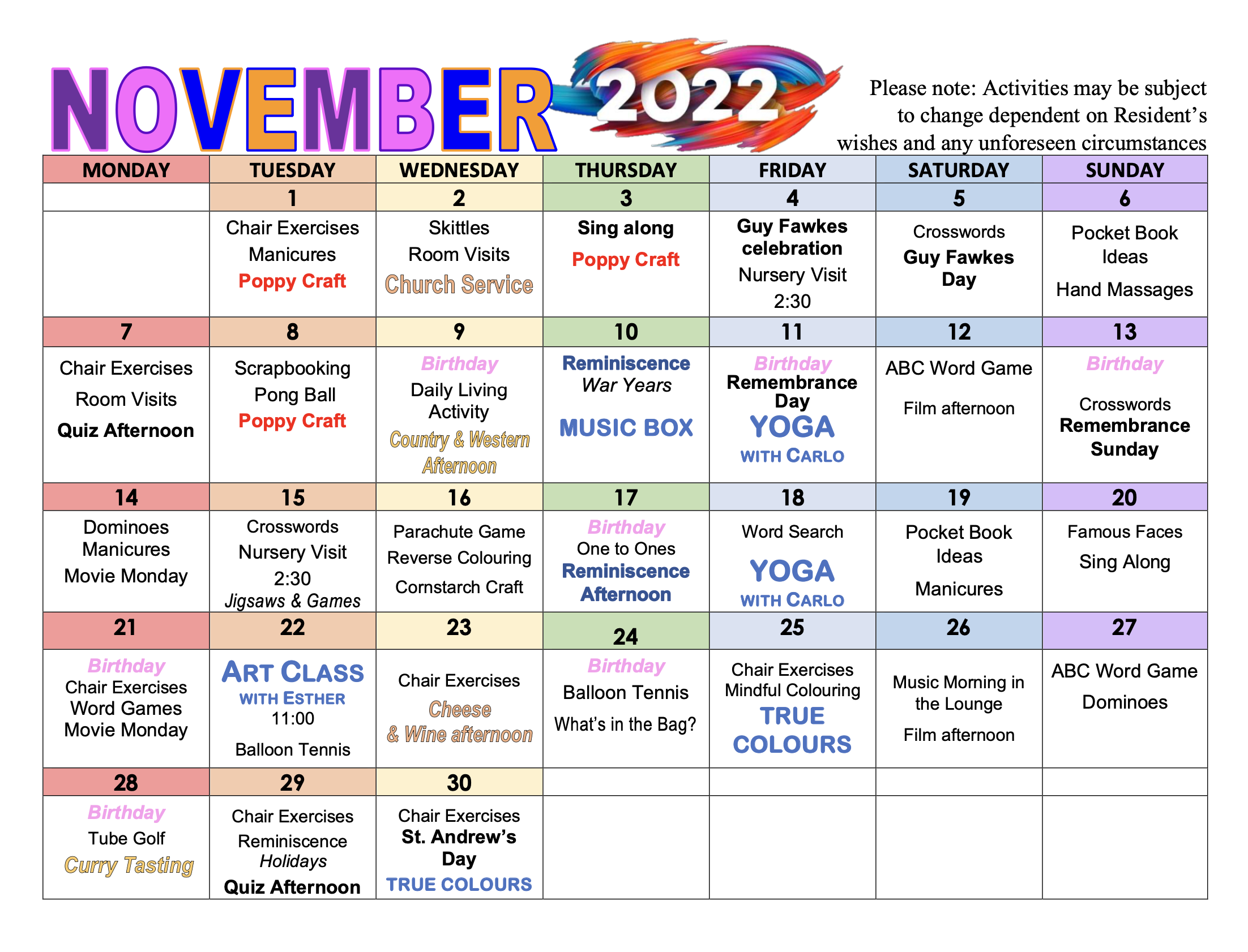 November Activities Programme